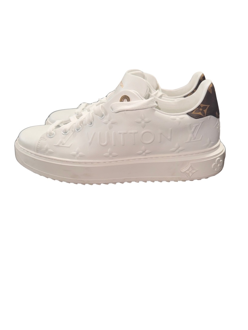 Louis Vuitton White Leather Low-Top Sneakers with Brown Monogram Heel